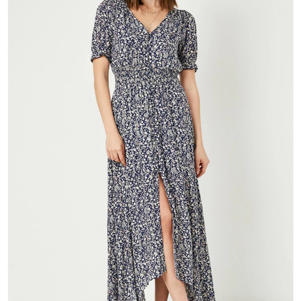 Hayden Los Angeles high low midi dress. Navy blue floral pattern. Gently worn.